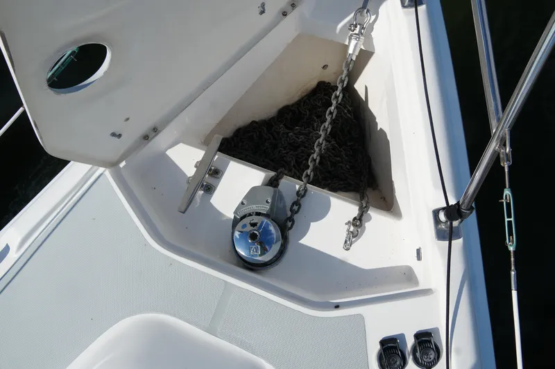 Marabelle Yacht Photos Pics Anchor chain compartment on a 2005 Hunter 41 AC sailboat.