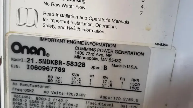  Yacht Photos Pics Onan engine information label for Cummins power generation, model 21.5MDKBR-5832B, 2007 Sea Ray