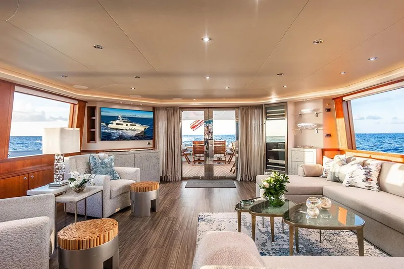 Kemosabe Yacht Photos Pics Luxurious interior of 2007 Westport 112 yacht with elegant seating and ocean views.