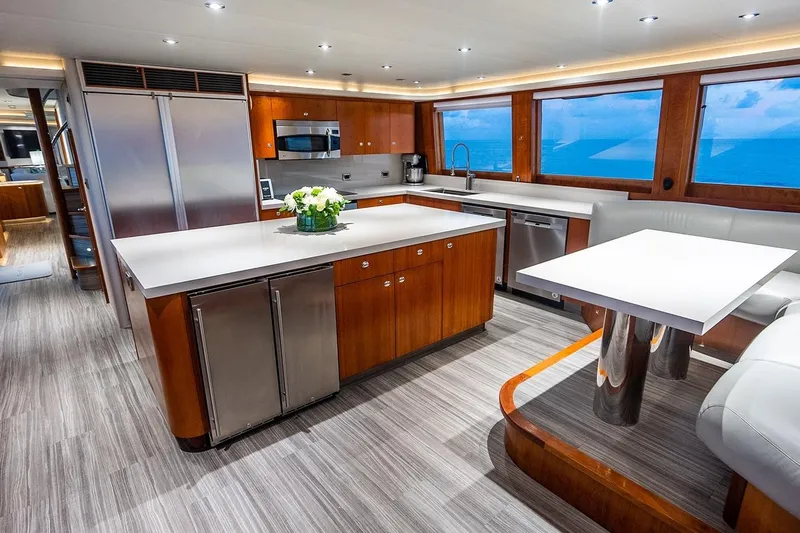 Kemosabe Yacht Photos Pics Luxurious kitchen interior on 2007 Westport 112 yacht, featuring modern appliances and ocean views.