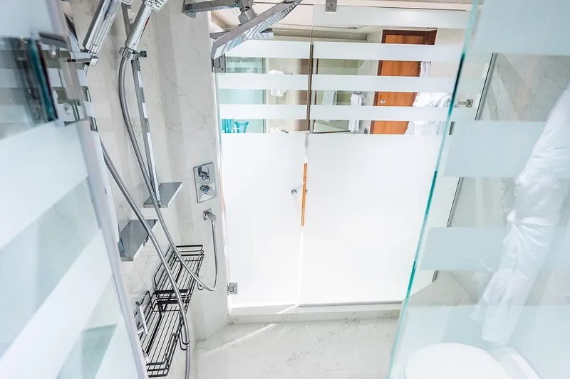 Kemosabe Yacht Photos Pics Luxurious bathroom with modern shower fixtures on Westport 112 yacht, 2007 model.