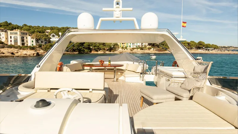  Yacht Photos Pics Luxurious 2008 Azimut 75 yacht with spacious deck and scenic coastal view.