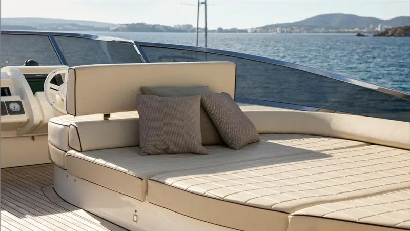  Yacht Photos Pics Luxurious 2008 Azimut 75 yacht deck with beige seating and scenic ocean view.