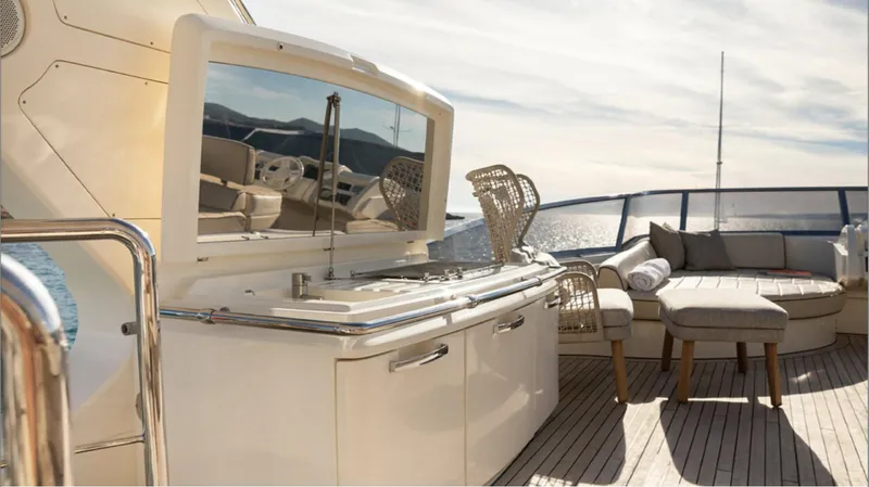  Yacht Photos Pics Luxurious 2008 Azimut 75 yacht deck with outdoor kitchen and seating area.