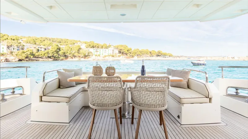  Yacht Photos Pics Luxurious 2008 Azimut 75 yacht deck with elegant seating and scenic ocean view.