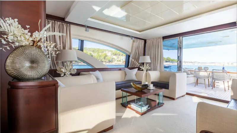  Yacht Photos Pics Luxurious interior of 2008 Azimut 75 yacht with elegant seating and ocean view.