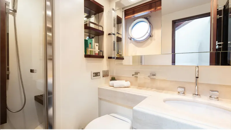  Yacht Photos Pics Luxurious bathroom interior on a 2008 Azimut 75 yacht, featuring modern fixtures and elegant design.
