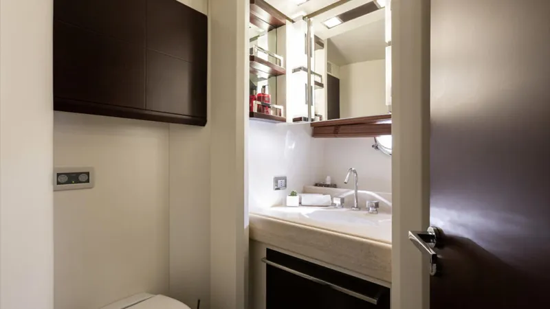  Yacht Photos Pics Luxurious bathroom interior of 2008 Azimut 75 yacht, featuring modern fixtures and elegant design.