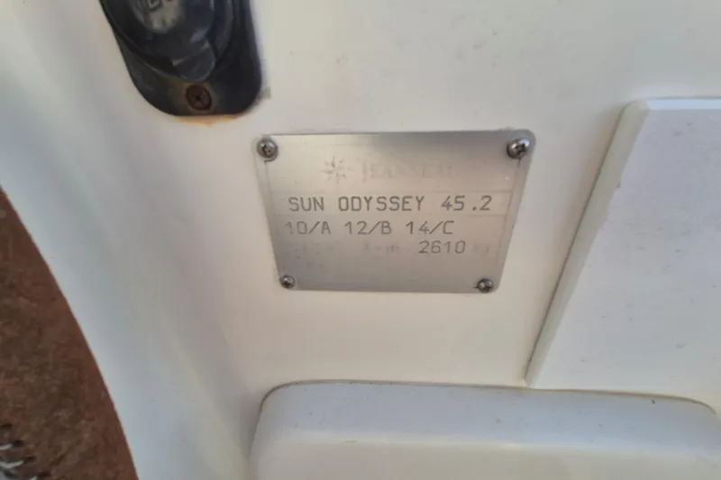 Time Warp Yacht Photos Pics Plaque on Jeanneau Sun Odyssey 45.2 sailboat, model year 2000.