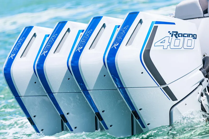  Yacht Photos Pics Quad Mercury Racing 400R outboard engines on Deep Impact 399 Sport boat, 2023 model.