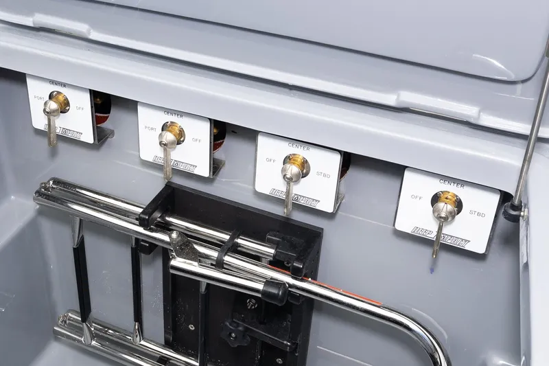  Yacht Photos Pics Control panel of 2023 Deep Impact 399 Sport boat with labeled switches.