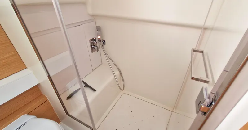  Yacht Photos Pics Shower area in 2020 Pardo Yachts 43, featuring sleek glass doors and modern fixtures.