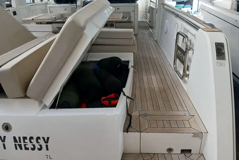 Fjord 41 Xl Yacht Photos Pics 2021 Fjord 41 XL yacht with open storage compartment on deck.