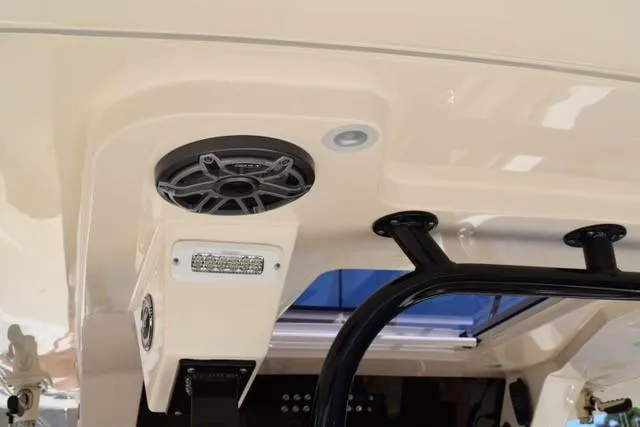 Way Out Yacht Photos Pics 2023 Scout 377 LXF boat interior ceiling with speaker and lighting.