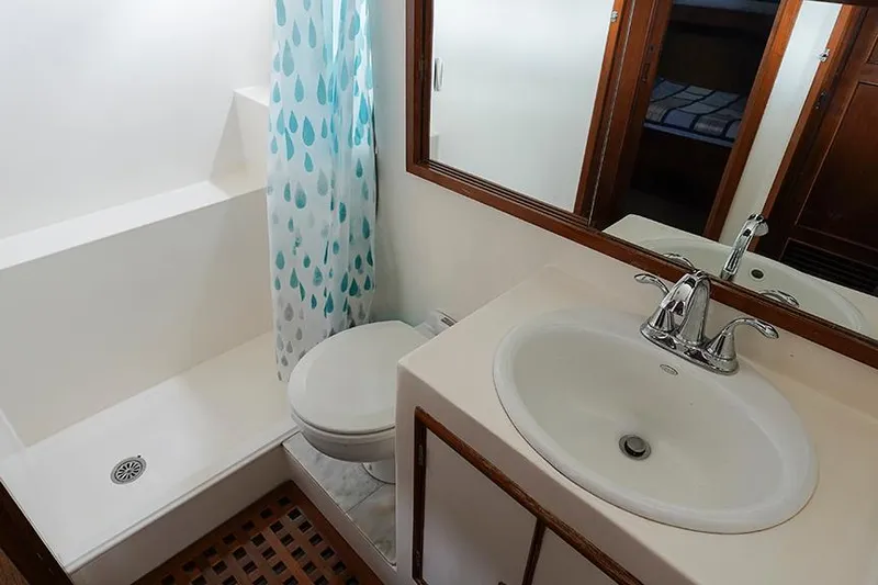 Sunshine Yacht Photos Pics Bathroom of 1986 Marine Trader Tradewinds 47 with shower, sink, and toilet.