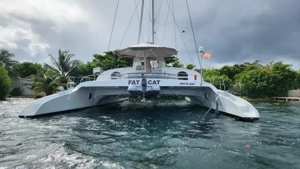 Fat Cat Yacht Photos Pics Custom 1991 Morelli-Miller catamaran "Fat Cat" on water, surrounded by lush greenery.