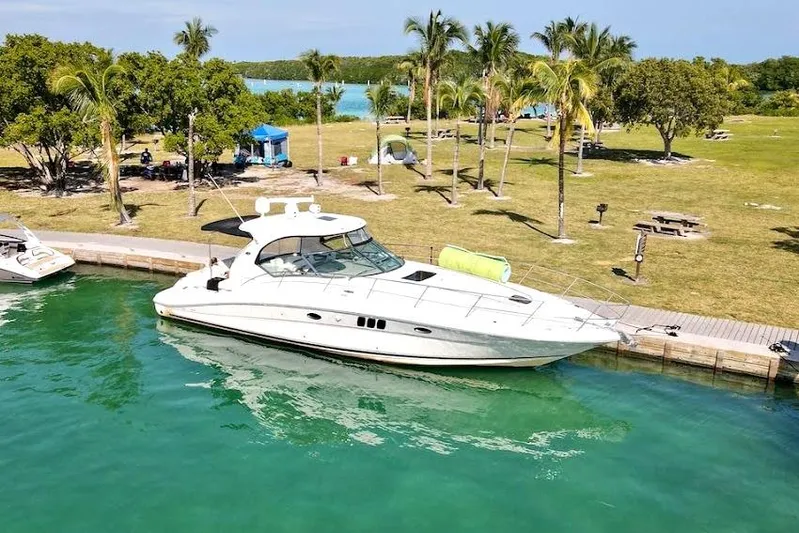  Yacht Photos Pics 2007 Sea Ray 44 Sundancer yacht docked by a tropical park with palm trees.
