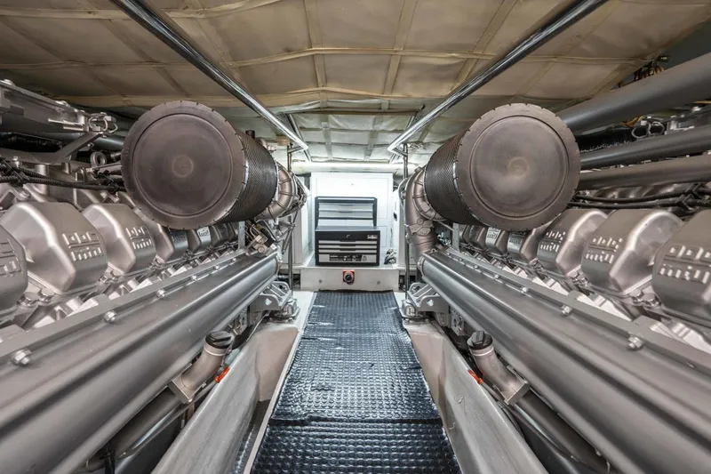 Denise Yacht Photos Pics Engine room of a 2005 Pershing 76 Motor Yacht with twin engines.