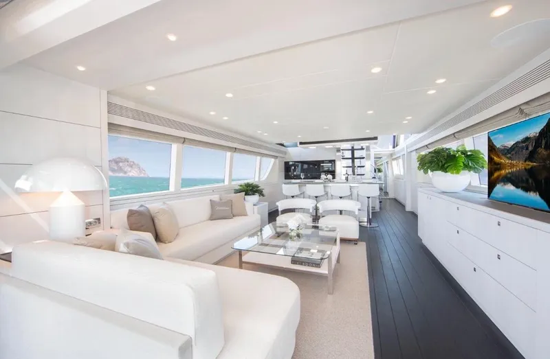 Nicostasia Yacht Photos Pics Luxurious interior of 2018 Van der Valk Raised Pilothouse 26m yacht with modern white decor.