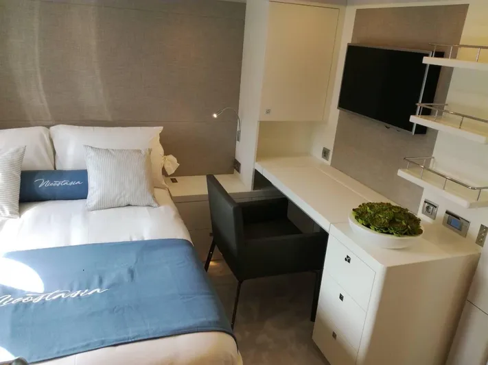 Nicostasia Yacht Photos Pics Luxurious cabin interior of 2018 Van der Valk Raised Pilothouse 26m yacht, featuring modern decor.