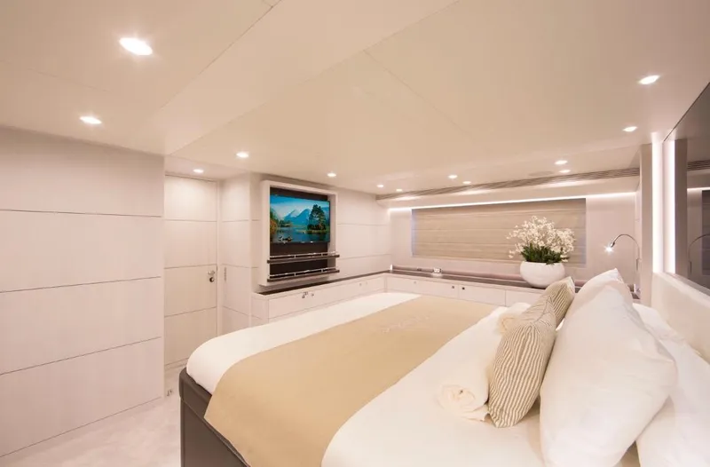 Nicostasia Yacht Photos Pics Luxurious bedroom interior of 2018 Van der Valk Raised Pilothouse 26m yacht.