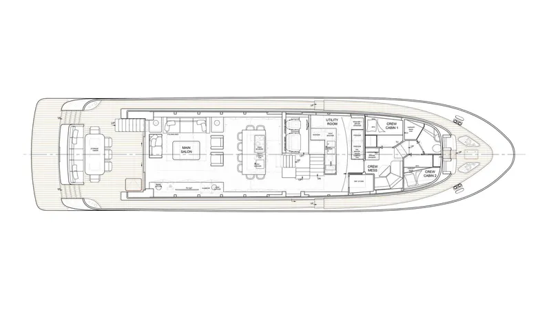 Nicostasia Yacht Photos Pics Floor plan of a 2018 Van der Valk Raised Pilothouse 26m yacht, showcasing interior layout.