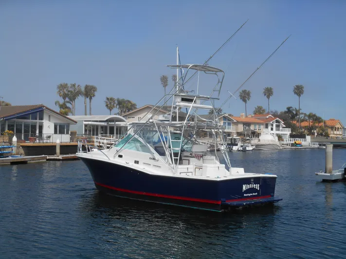 Mistress Yacht Photos Pics 1998 Cabo 31 Express boat docked in a marina with palm trees in the background.
