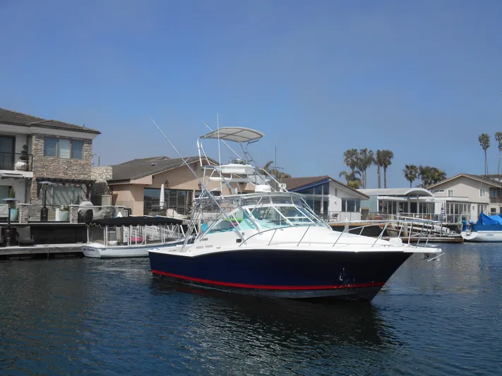 Mistress Yacht Photos Pics 1998 Cabo 31 Express boat docked in a marina, surrounded by waterfront homes.