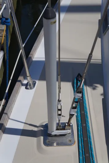 Midnight Yacht Photos Pics Close-up of a 2005 Sabre 386 sailboat deck with rigging details.