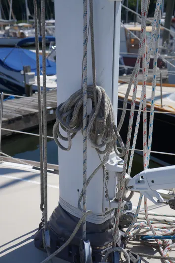 Midnight Yacht Photos Pics Sailboat mast with ropes, Sabre 386, 2005 model, docked at marina.