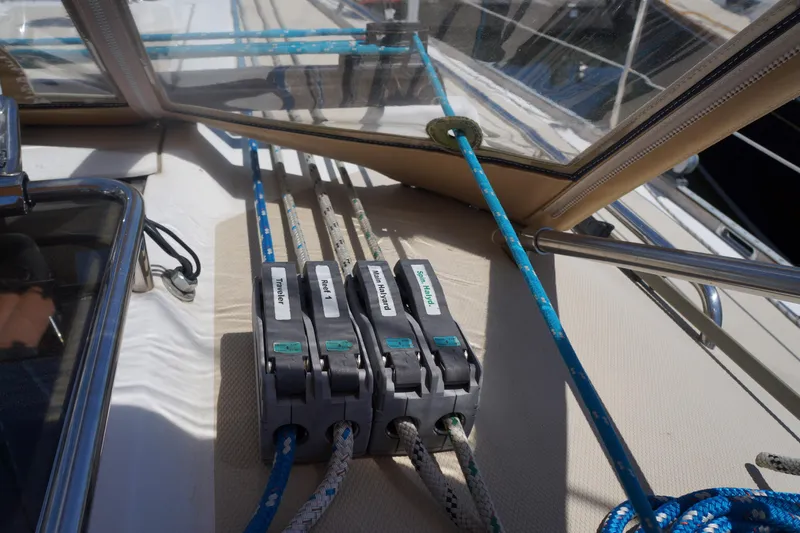 Midnight Yacht Photos Pics Sailboat deck with rope clutches, Sabre 386, 2005 model.