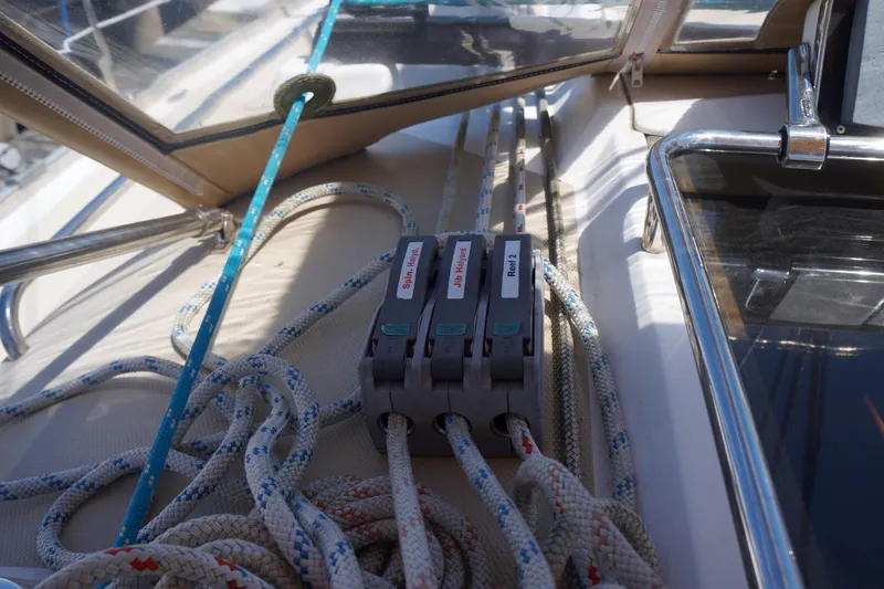 Midnight Yacht Photos Pics Deck of 2005 Sabre 386 sailboat with rope clutches and lines.