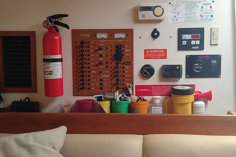 "rosebud" Yacht Photos Pics Control panel and safety equipment inside a 2003 Mainship 34 PILOT boat cabin.