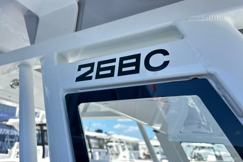  Yacht Photos Pics Close-up of 2026 Sea Fox 268 Commander boat model number on white frame.