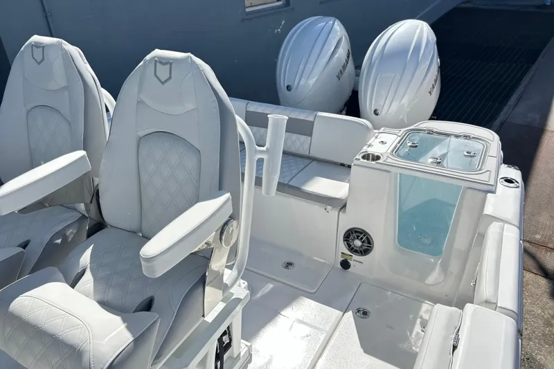  Yacht Photos Pics 2026 Sea Fox 268 Commander boat interior with dual seats and twin Yamaha engines.