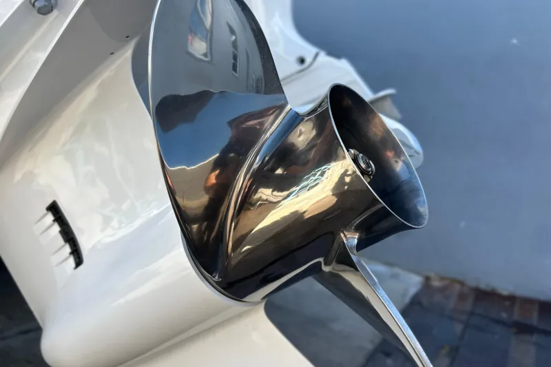  Yacht Photos Pics Close-up of a 2026 Sea Fox 268 Commander boat propeller, showcasing its sleek design.