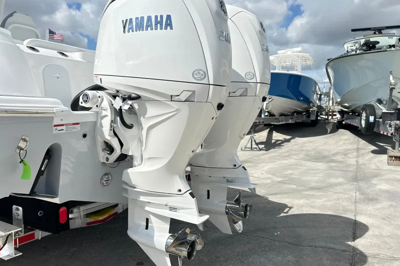  Yacht Photos Pics Twin Yamaha outboard engines on a 2026 Sea Fox 268 Commander boat, dockside view.