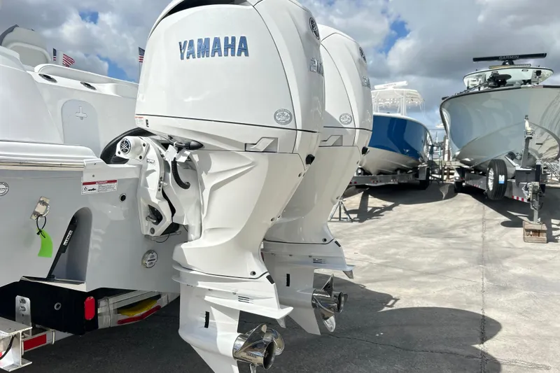  Yacht Photos Pics Twin Yamaha outboard engines on a 2026 Sea Fox 268 Commander boat, dockside view.