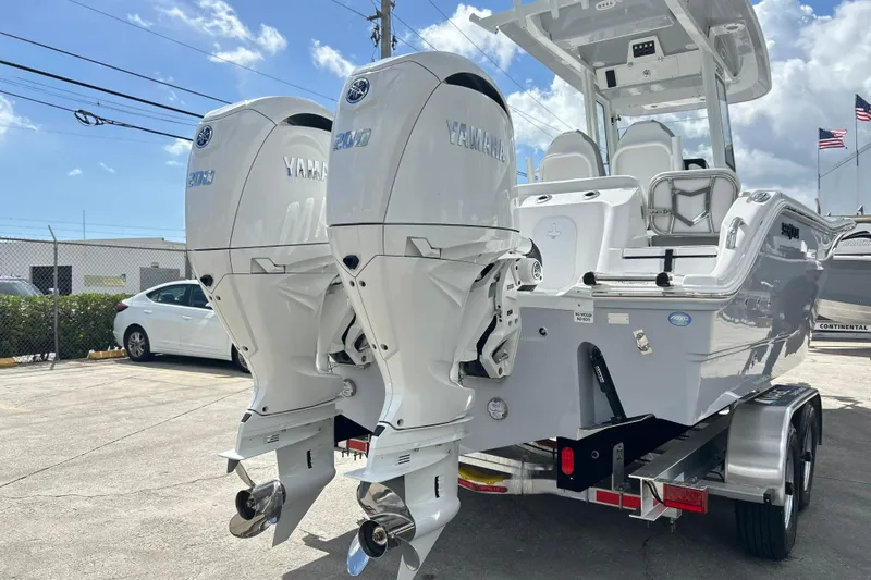  Yacht Photos Pics 2026 Sea Fox 268 Commander with dual Yamaha engines on a trailer.