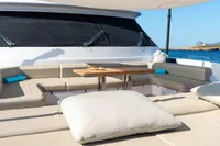 Luxurious 2020 Custom Line Navetta 33 yacht deck with elegant seating and ocean view.