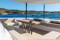 Luxurious 2020 Custom Line Navetta 33 yacht deck with seating, table, and ocean view.