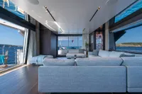 Luxurious interior of 2020 Custom Line Navetta 33 yacht with ocean view.