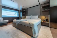 Luxurious bedroom interior on 2020 Custom Line Navetta 33 yacht, featuring modern design and elegant furnishings.