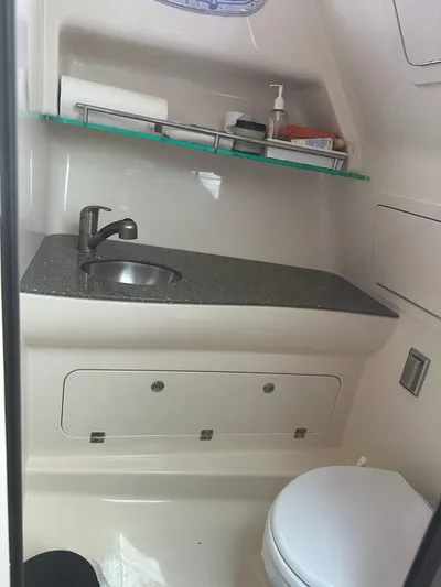 Thomfoolery II Yacht Photos Pics 2016 Boston Whaler 315 Conquest bathroom with sink, countertop, and toilet.
