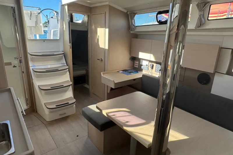  Yacht Photos Pics Interior of 2023 Beneteau Oceanis 38.1 yacht, featuring modern design and comfortable seating.
