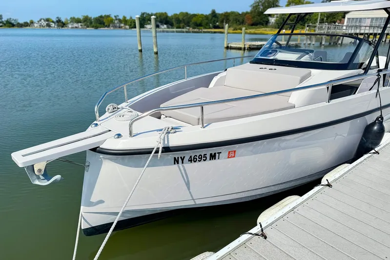 4787mm Yacht Photos Pics RYCK 280 boat docked on calm water, 2023 model, white exterior.