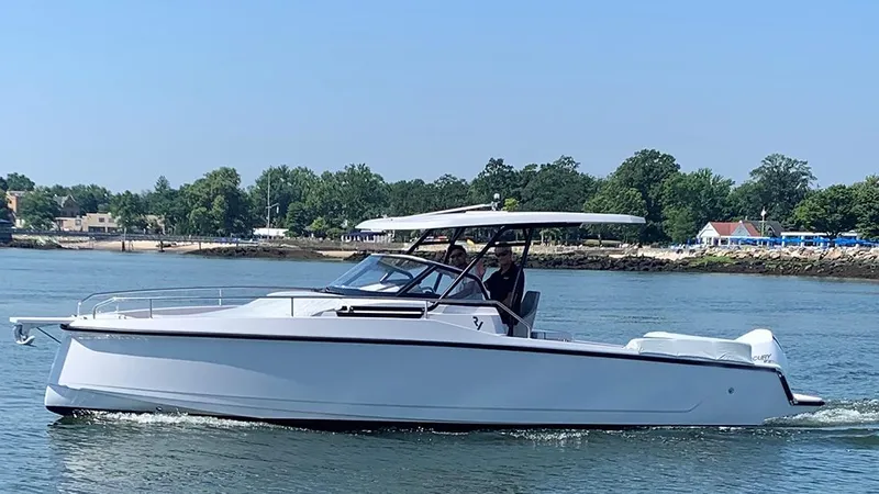 4787mm Yacht Photos Pics 2023 RYCK 280 boat cruising on a calm river with trees in the background.