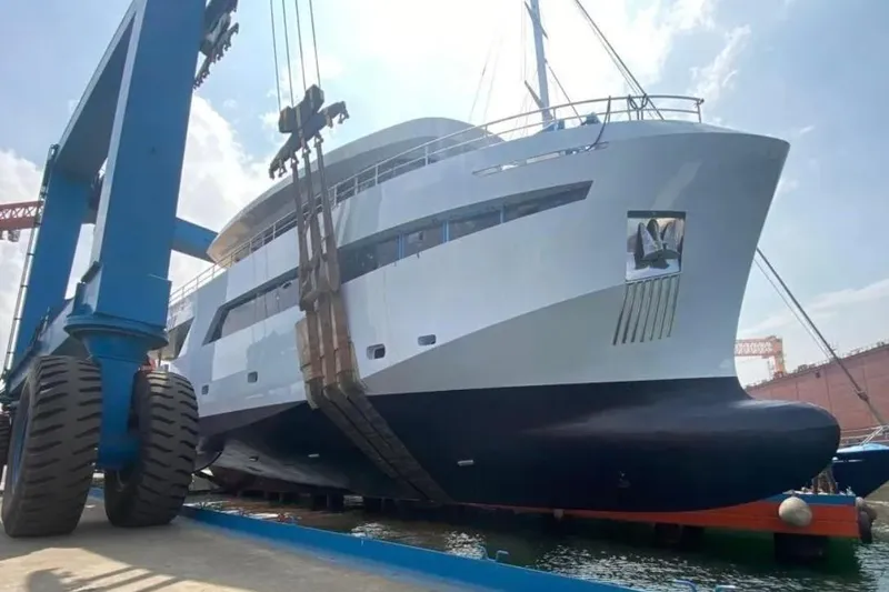  Yacht Photos Pics 2024 Explorer ICE yacht in shipyard, ready for launch.
