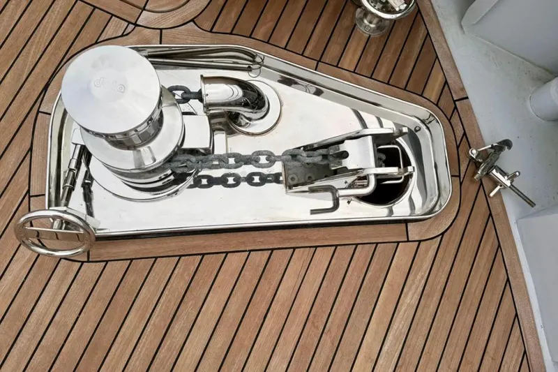  Yacht Photos Pics 2024 Explorer ICE yacht anchor system on teak deck.