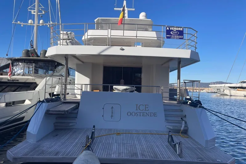  Yacht Photos Pics Luxury yacht "ICE Oostende" for sale, docked in marina, 2024 Explorer model.